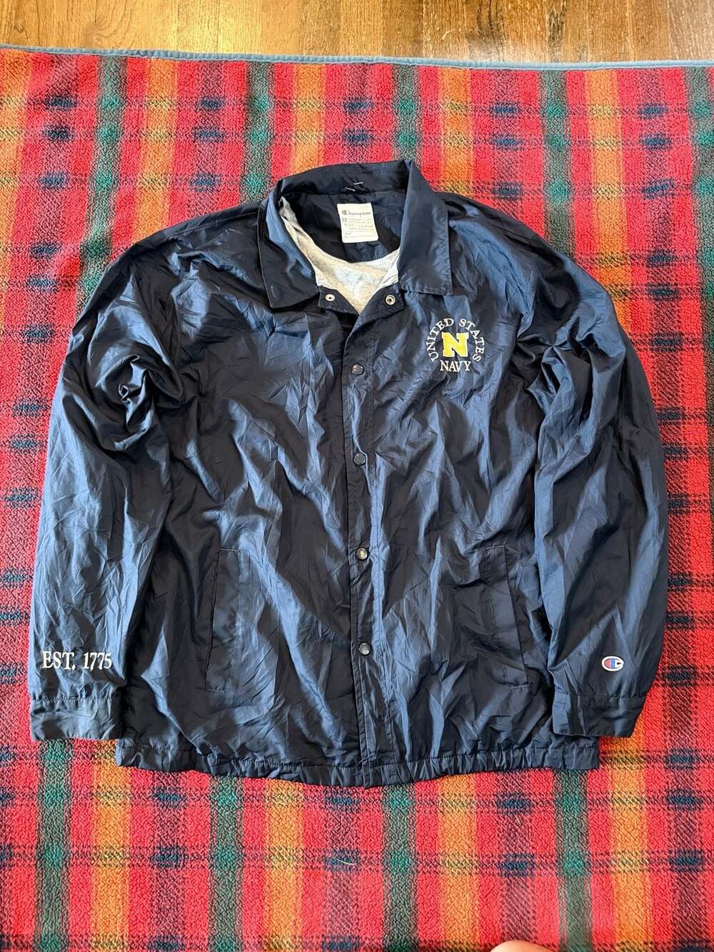 Vintage Champion US Navy Coaches Jacket Lined Navy Blue